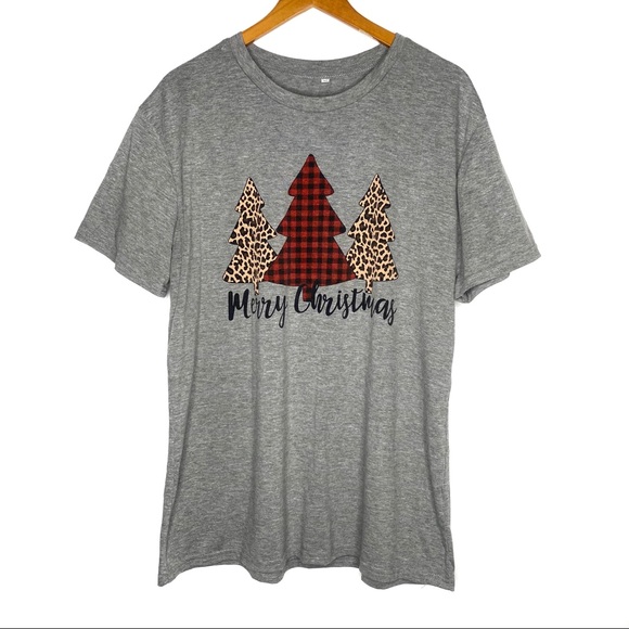 Tops - Merry Christmas Gray Plaid & Leopard Tree T-Shirt